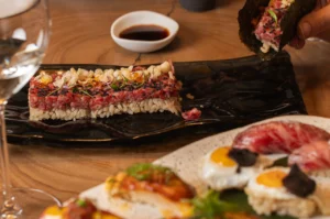 Steak tartar wagyu temaki style with gluten free soy sauce best quality price ratio in Barcelona