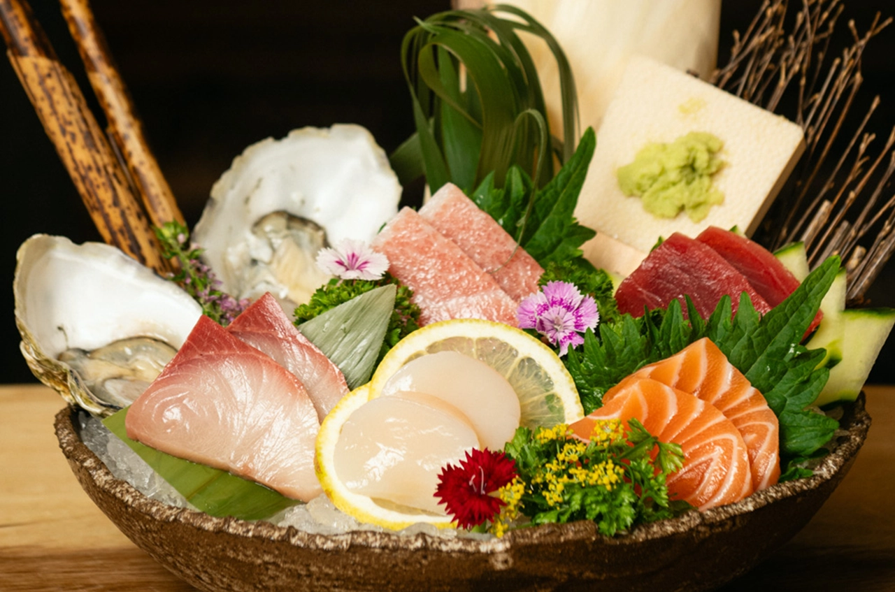 Omakase sashimi plate featuring fresh hamachi (yellowtail) slices served with wasabi and garnishes